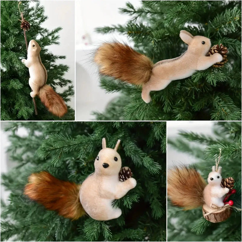 Flocked Fabric Christmas Ornaments - 4pcs Squirrel Tree Decor with Pine Cones & Red Berries by House Of Avana