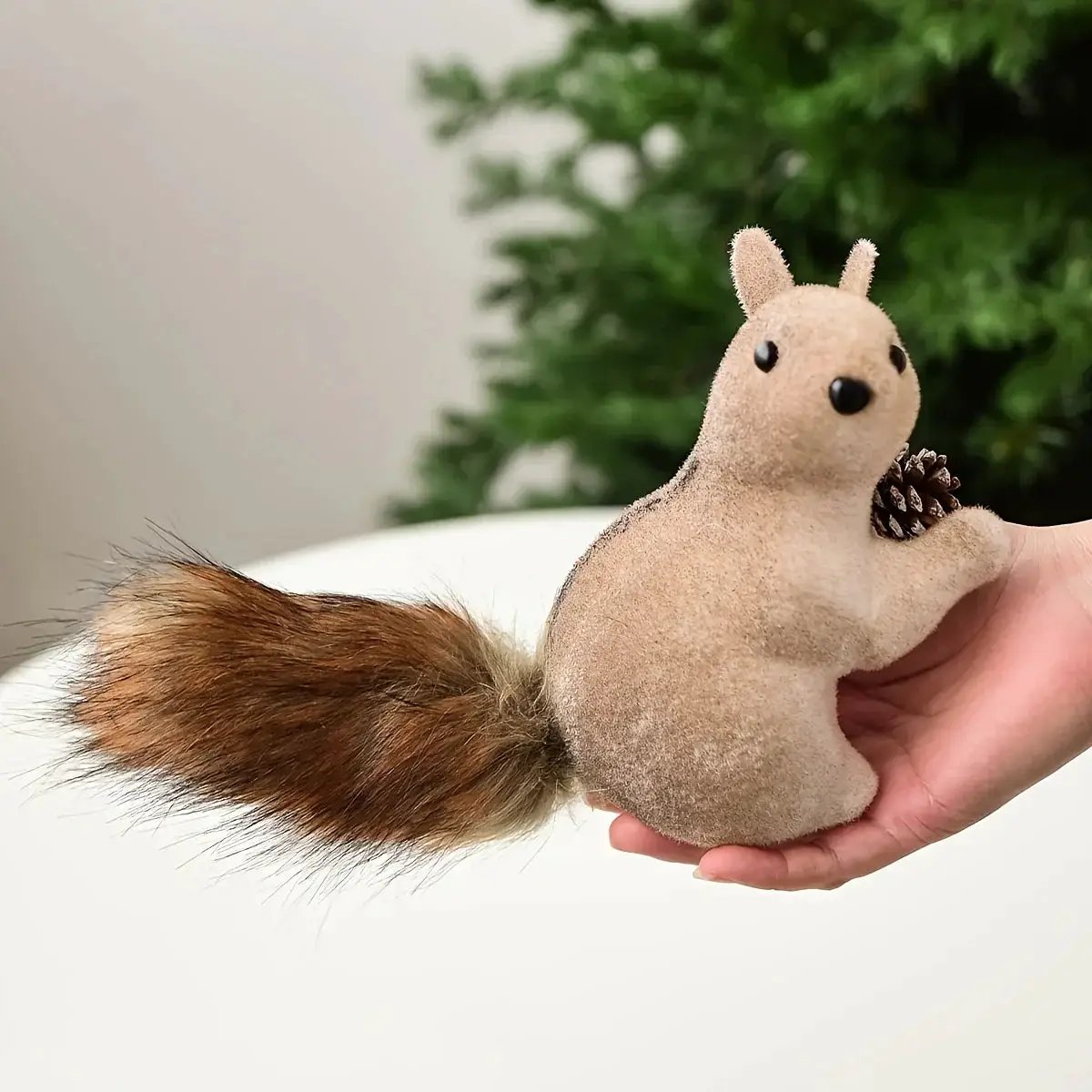Flocked Fabric Christmas Ornaments - 4pcs Squirrel Tree Decor with Pine Cones & Red Berries by House Of Avana