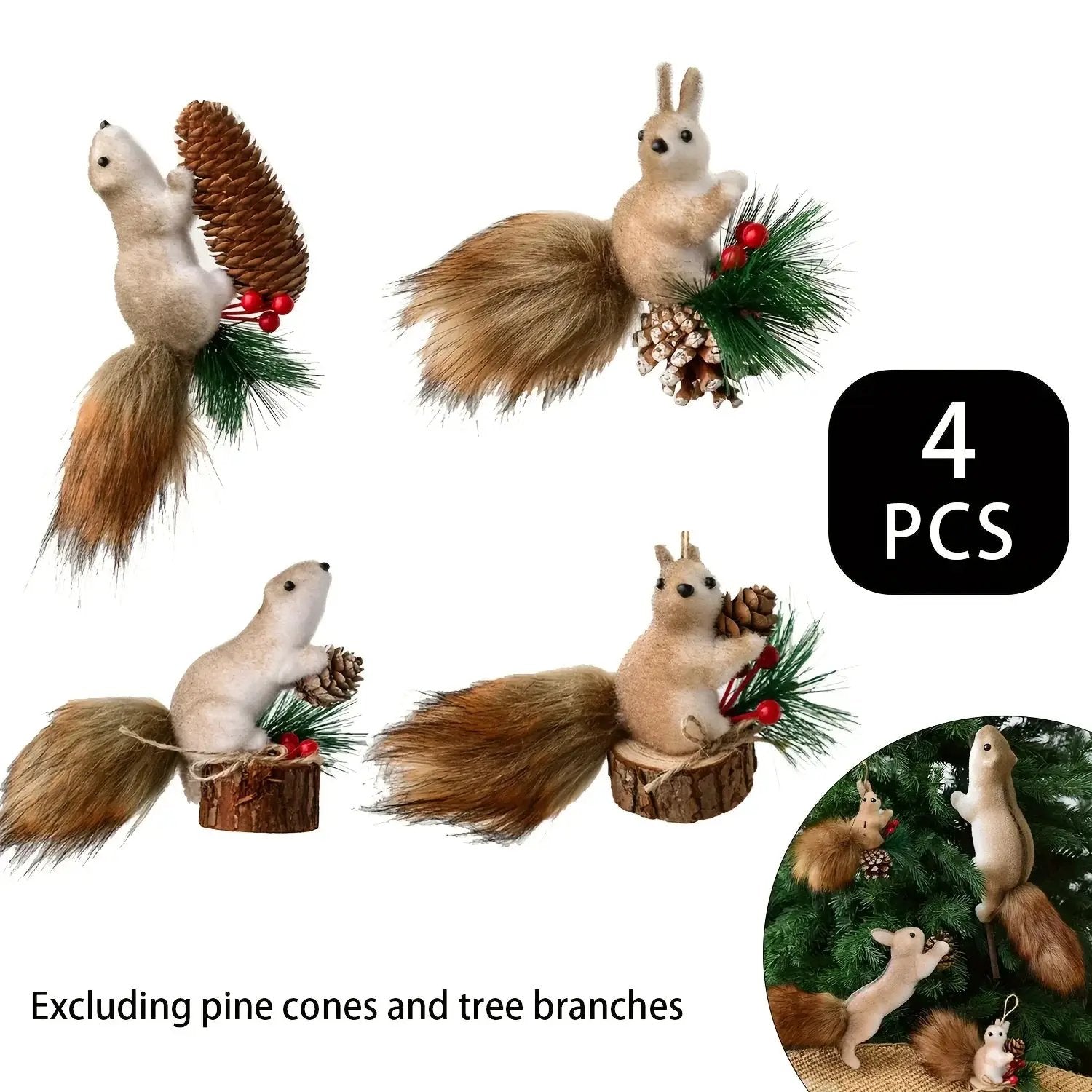Flocked Fabric Christmas Ornaments - 4pcs Squirrel Tree Decor with Pine Cones & Red Berries by House Of Avana