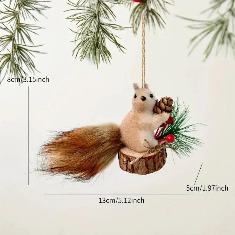 Flocked Fabric Christmas Ornaments - 4pcs Squirrel Tree Decor with Pine Cones & Red Berries by House Of Avana