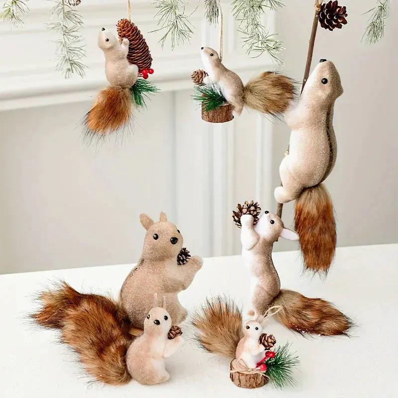 Flocked Fabric Christmas Ornaments - 4pcs Squirrel Tree Decor with Pine Cones & Red Berries by House Of Avana