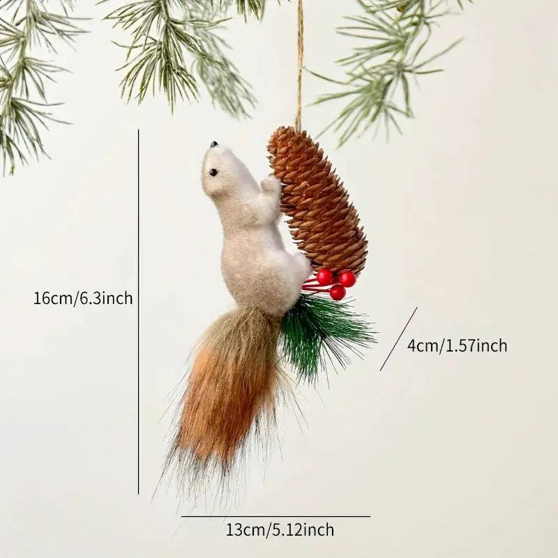 Flocked Fabric Christmas Ornaments - 4pcs Squirrel Tree Decor with Pine Cones & Red Berries by House Of Avana
