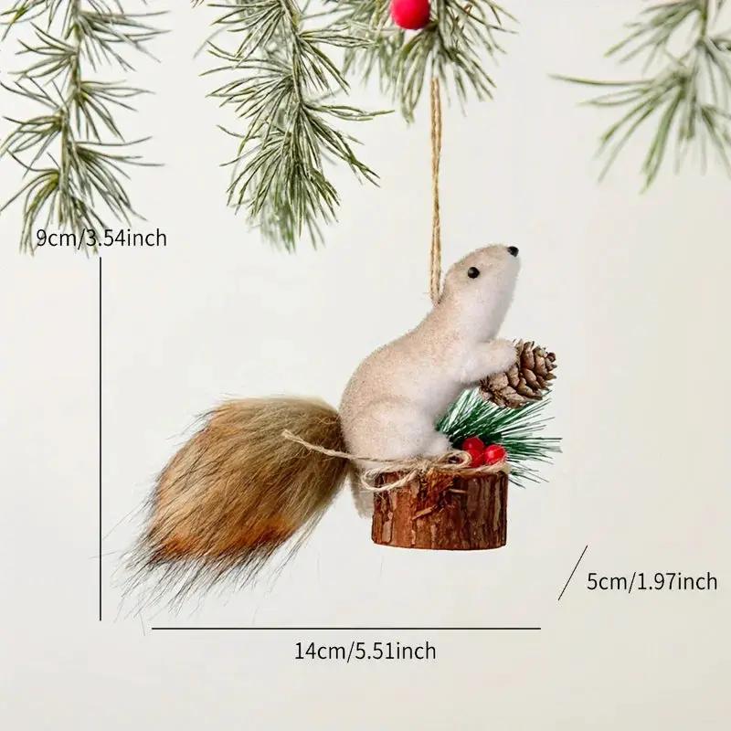 Flocked Fabric Christmas Ornaments - 4pcs Squirrel Tree Decor with Pine Cones & Red Berries by House Of Avana