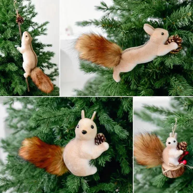 Flocked Fabric Christmas Ornaments - 4pcs Squirrel Tree Decor with Pine Cones & Red Berries by House Of Avana