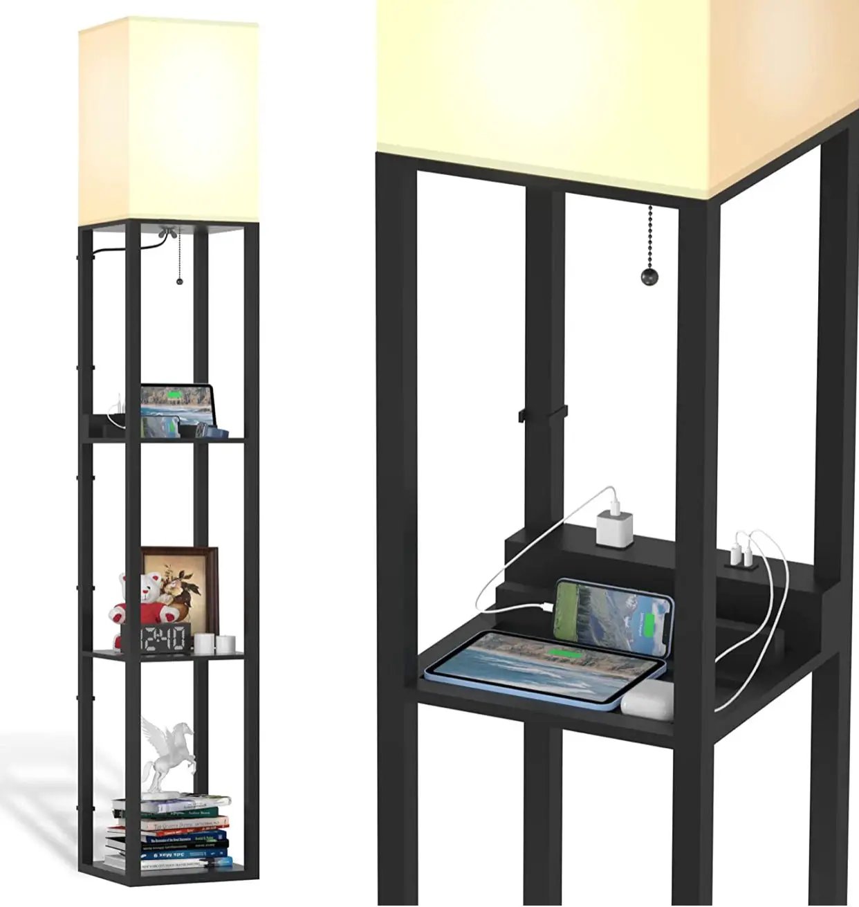 Floor Lamp Charger - Shelf Floor Lamp with USB Charging Ports and Electric Outlet by Outdoor Solar Outlet
