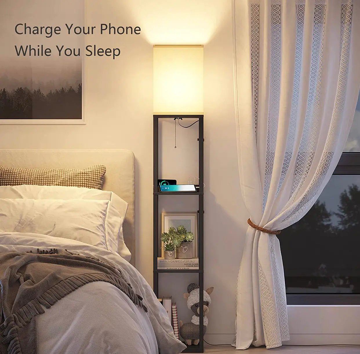 Floor Lamp Charger - Shelf Floor Lamp with USB Charging Ports and Electric Outlet by Outdoor Solar Outlet
