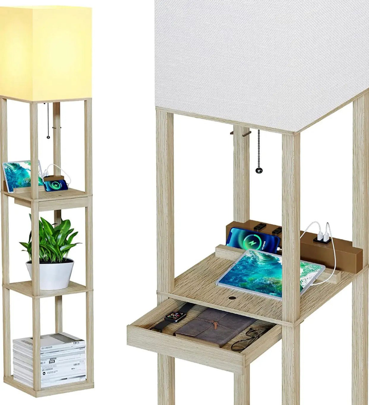 Floor Lamp Charger - Shelf Floor Lamp with USB Charging Ports and Electric Outlet by Outdoor Solar Outlet