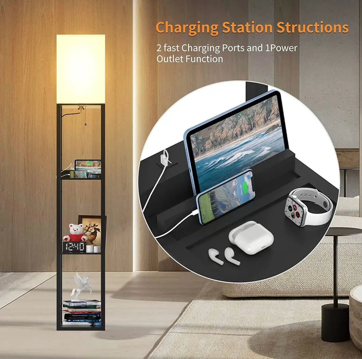 Floor Lamp Charger - Shelf Floor Lamp with USB Charging Ports and Electric Outlet by Outdoor Solar Outlet