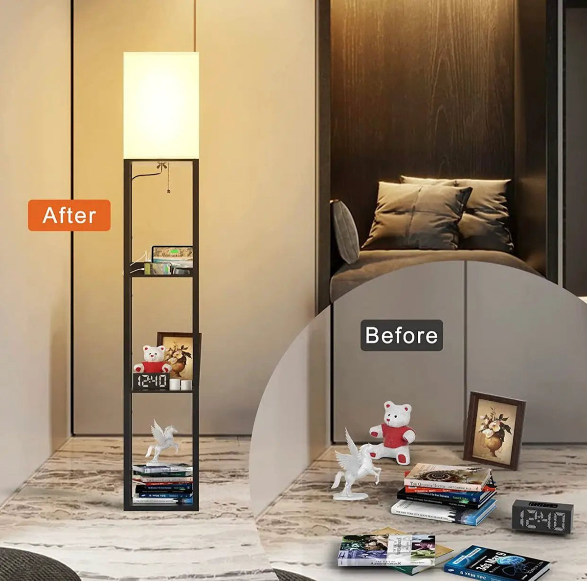 Floor Lamp Charger - Shelf Floor Lamp with USB Charging Ports and Electric Outlet by Outdoor Solar Outlet