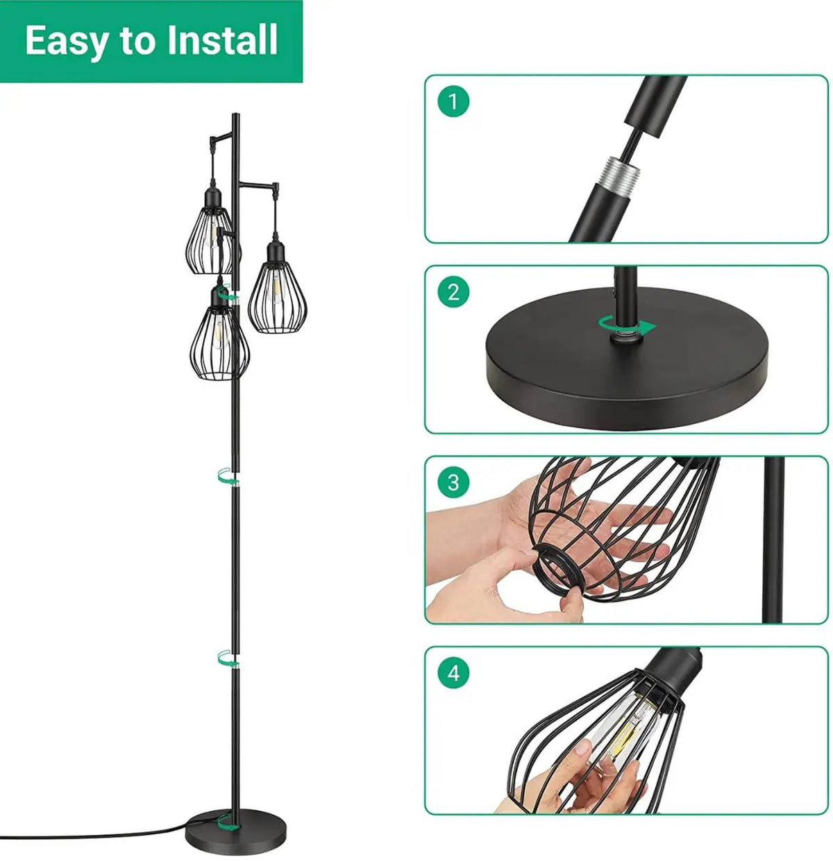 Floor Lamp Matches Industrial, Farmhouse & Rustic Living Rooms – Standing Tree Lamp with 3 Elegant Cage Heads & Edison LED Bulbs by Outdoor Solar Outlet