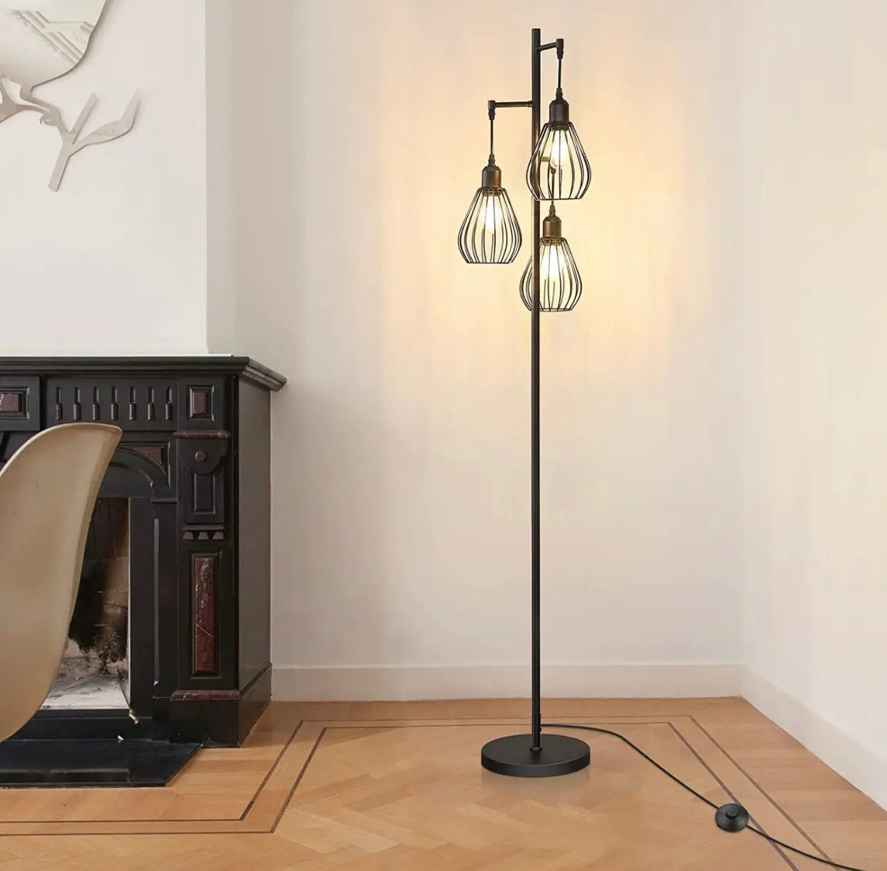 Floor Lamp Matches Industrial, Farmhouse & Rustic Living Rooms – Standing Tree Lamp with 3 Elegant Cage Heads & Edison LED Bulbs by Outdoor Solar Outlet