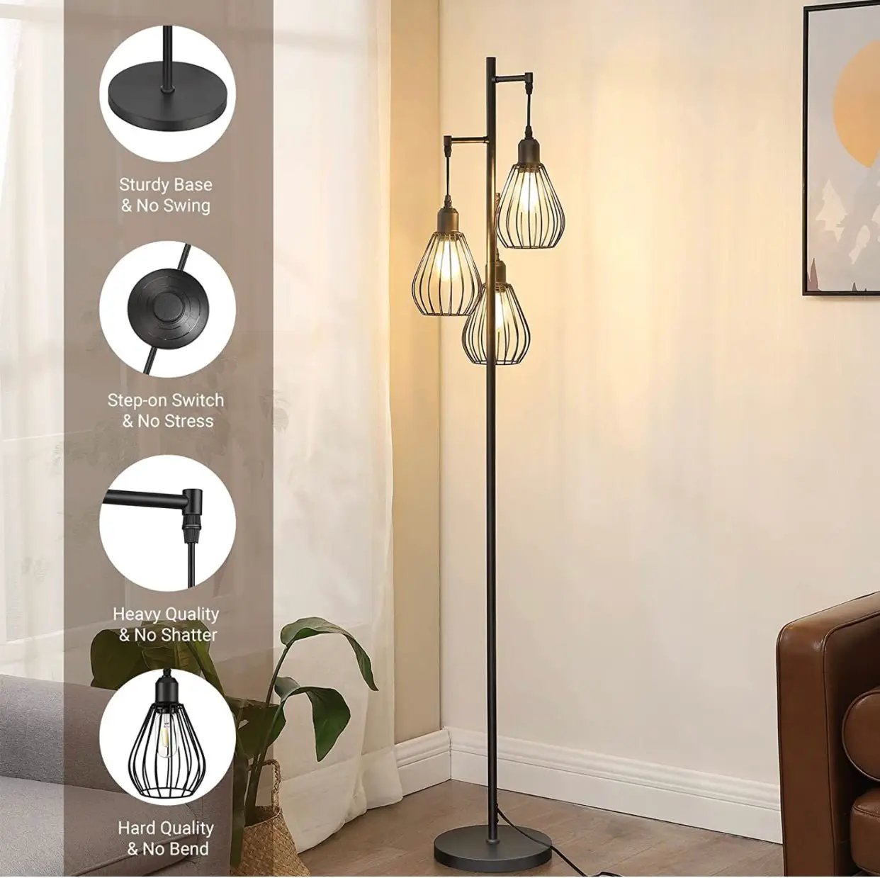 Floor Lamp Matches Industrial, Farmhouse & Rustic Living Rooms – Standing Tree Lamp with 3 Elegant Cage Heads & Edison LED Bulbs by Outdoor Solar Outlet