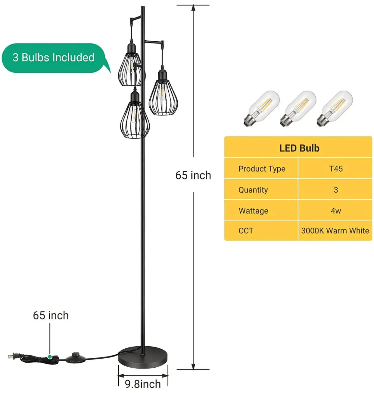 Floor Lamp Matches Industrial, Farmhouse & Rustic Living Rooms – Standing Tree Lamp with 3 Elegant Cage Heads & Edison LED Bulbs by Outdoor Solar Outlet
