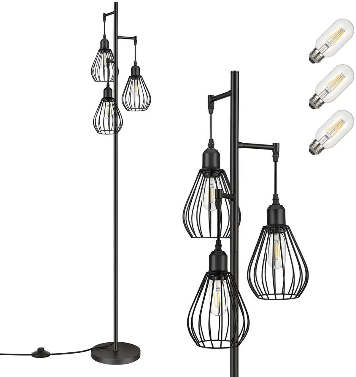 Floor Lamp Matches Industrial, Farmhouse & Rustic Living Rooms – Standing Tree Lamp with 3 Elegant Cage Heads & Edison LED Bulbs by Outdoor Solar Outlet