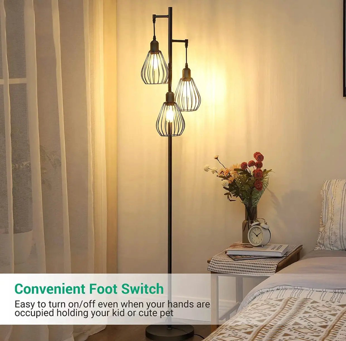 Floor Lamp Matches Industrial, Farmhouse & Rustic Living Rooms – Standing Tree Lamp with 3 Elegant Cage Heads & Edison LED Bulbs by Outdoor Solar Outlet