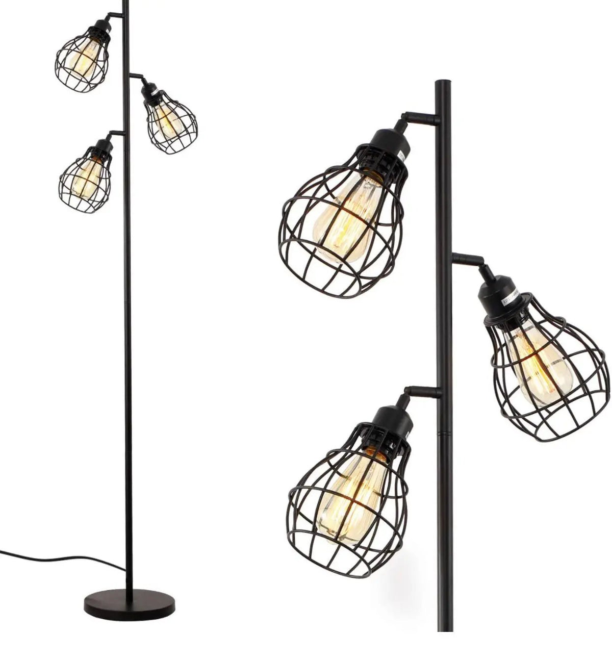 Floor Lamp Matches Industrial, Farmhouse & Rustic Living Rooms – Standing Tree Lamp with 3 Elegant Cage Heads & Edison LED Bulbs by Outdoor Solar Outlet