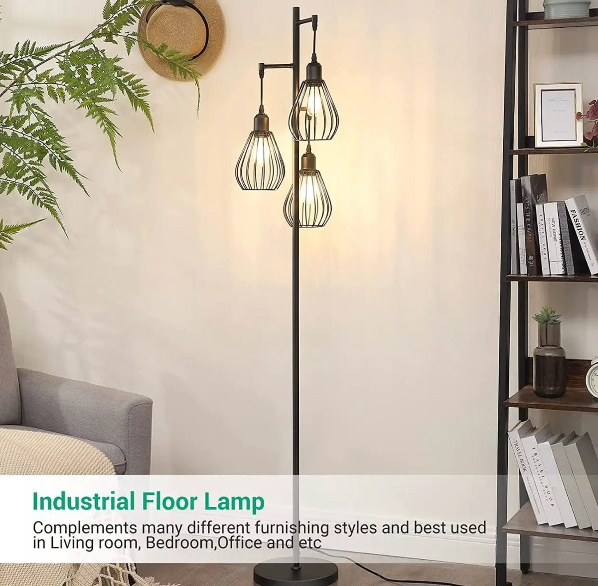 Floor Lamp Matches Industrial, Farmhouse & Rustic Living Rooms – Standing Tree Lamp with 3 Elegant Cage Heads & Edison LED Bulbs by Outdoor Solar Outlet