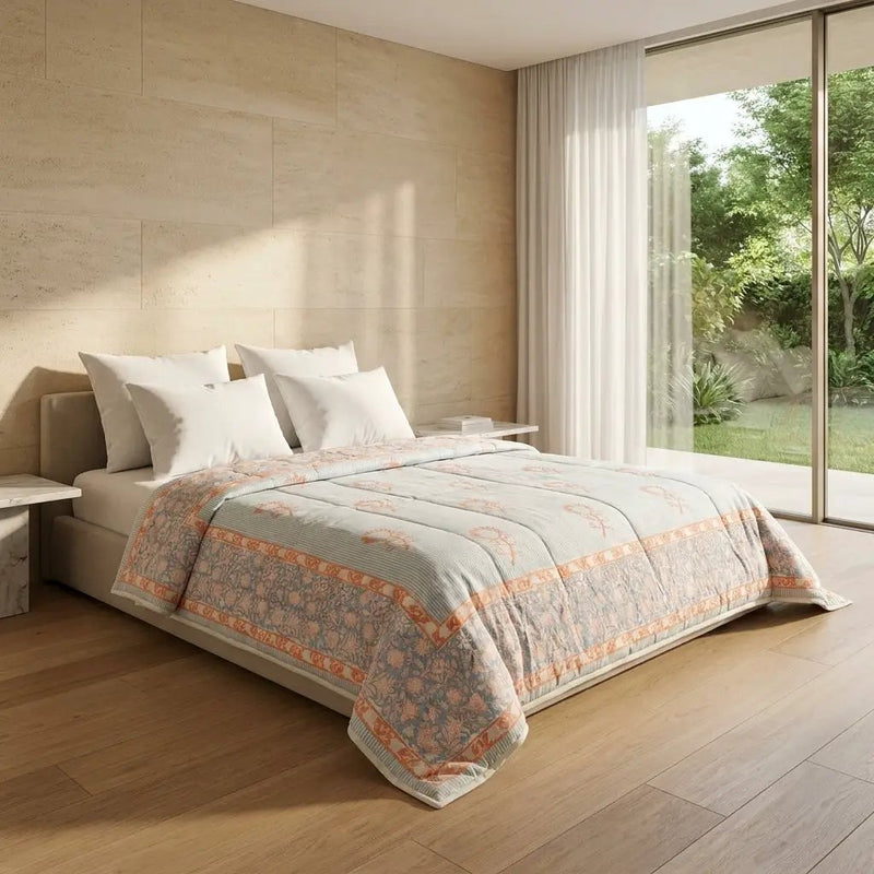 House of Avana Blue Grey & Peach Floral Jaipur Indian Hand Block Print Quilted Comforter by House Of Avana