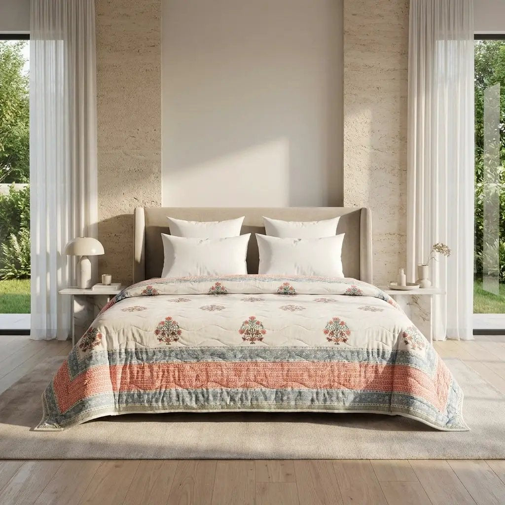 House of Avana Cream & Dusty Blue Mauve Floral Jaipur Indian Hand Block Print Quilted Comforter by House Of Avana