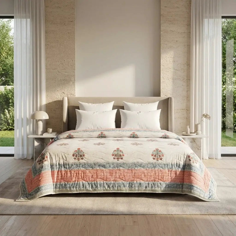 House of Avana Cream & Dusty Blue Mauve Floral Jaipur Indian Hand Block Print Quilted Comforter by House Of Avana