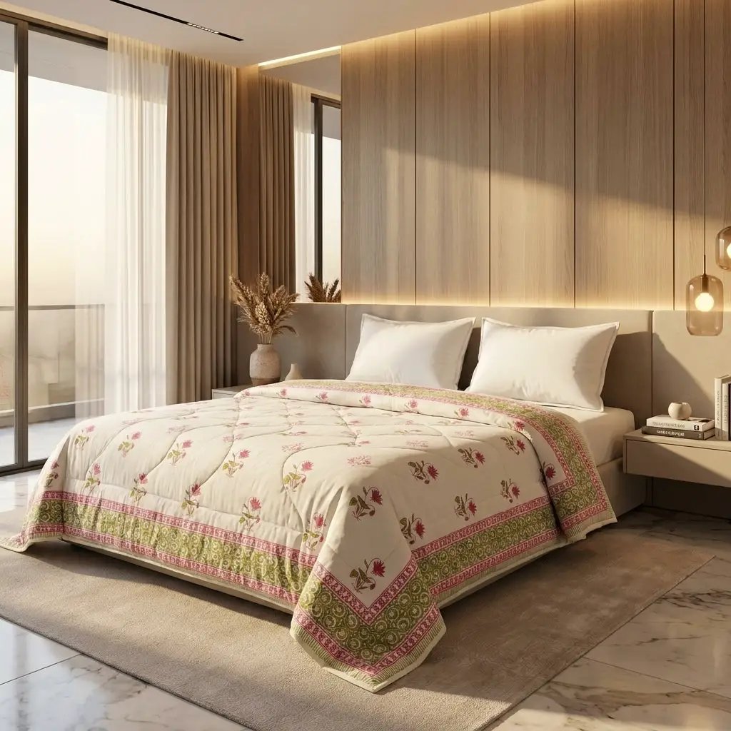 House of Avana Cream & Deep Rose Olive Floral Jaipur Indian Hand Block Print Quilted Comforter by House Of Avana