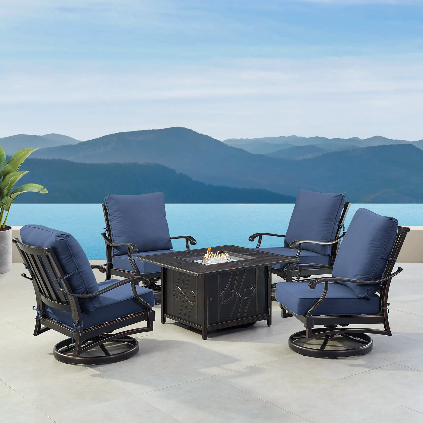 Black Aluminum Fire Table Set with Four Club Chairs by Sharicks