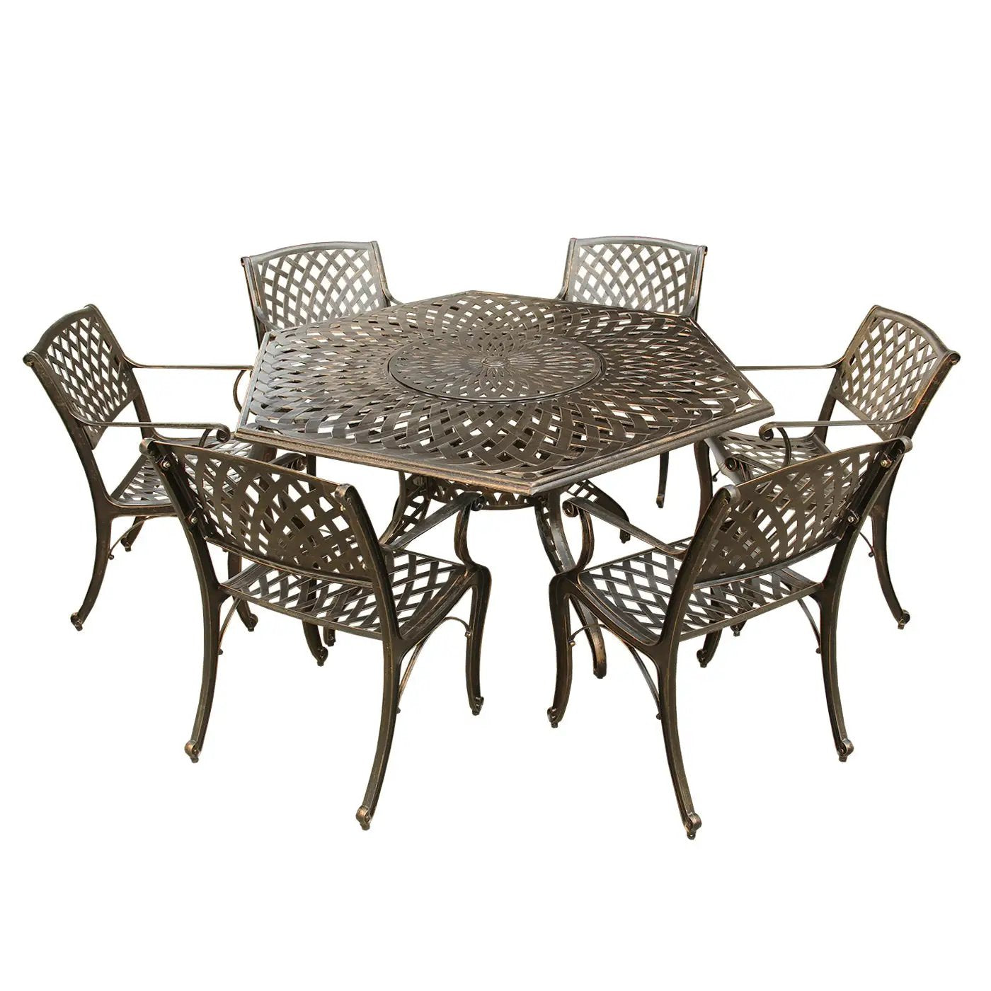 Outdoor Aluminum 7pc Hexagon Patio Dining Set, Lazy Susan, Six Chairs by Sharicks
