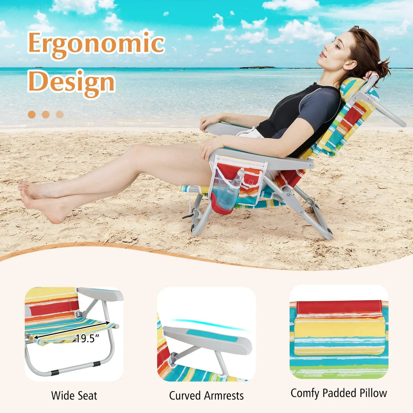 Foldable Backpack Beach Chair with Cup Holder and Storage Pockets Set of 2 by DirectDeals