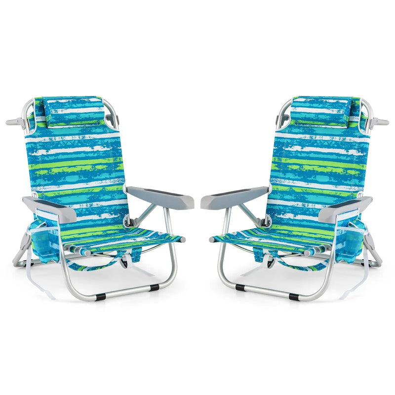 Foldable Backpack Beach Chair with Cup Holder and Storage Pockets Set of 2 by DirectDeals