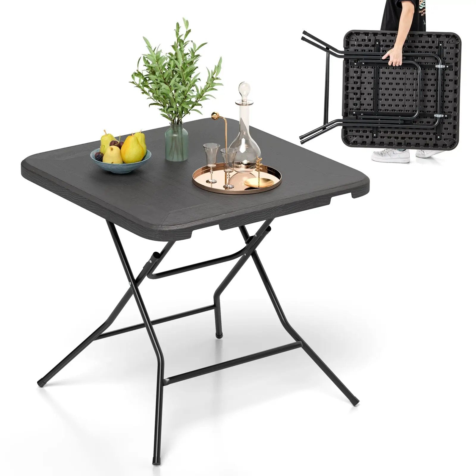 2.6FT Foldable Dining Table with Wood Grain HDPE Tabletop and Non-slip Foot Pads-Black by DirectDeals