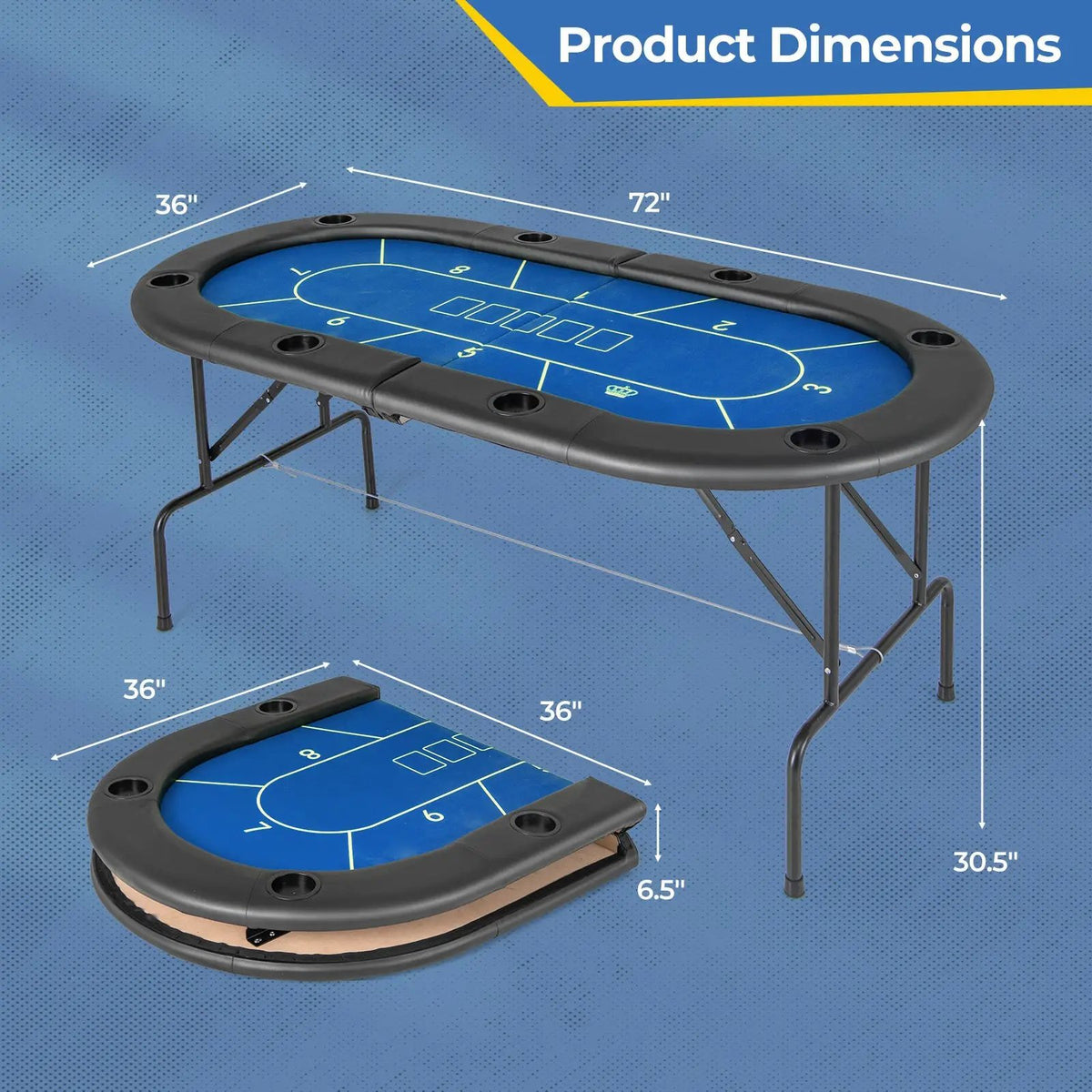 72 x 36 x 30.5 Inch Foldable Poker Table with 8 Cup Holders by DirectDeals