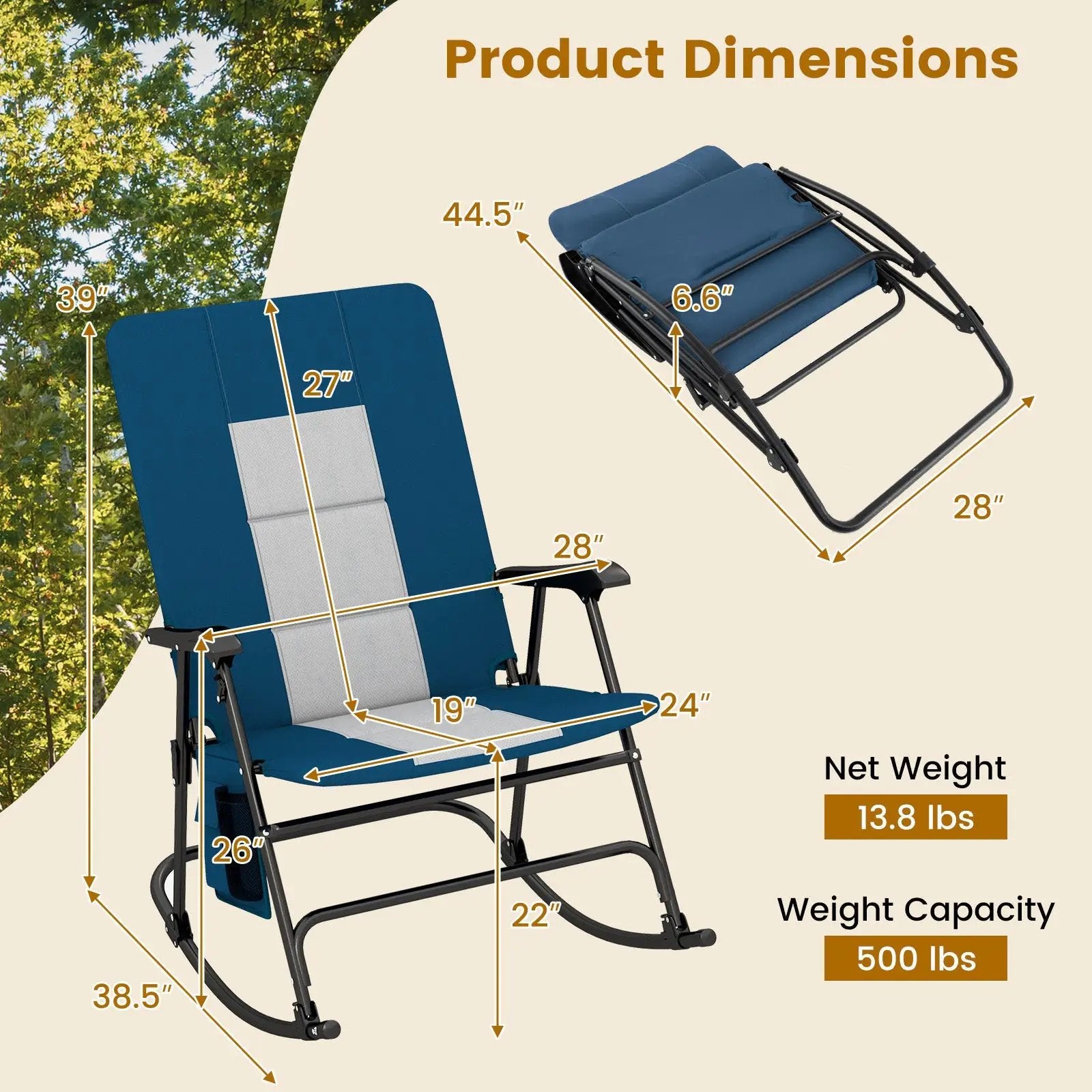 Foldable Rocking Padded Portable Camping Chair with Backrest and Armrest by DirectDeals