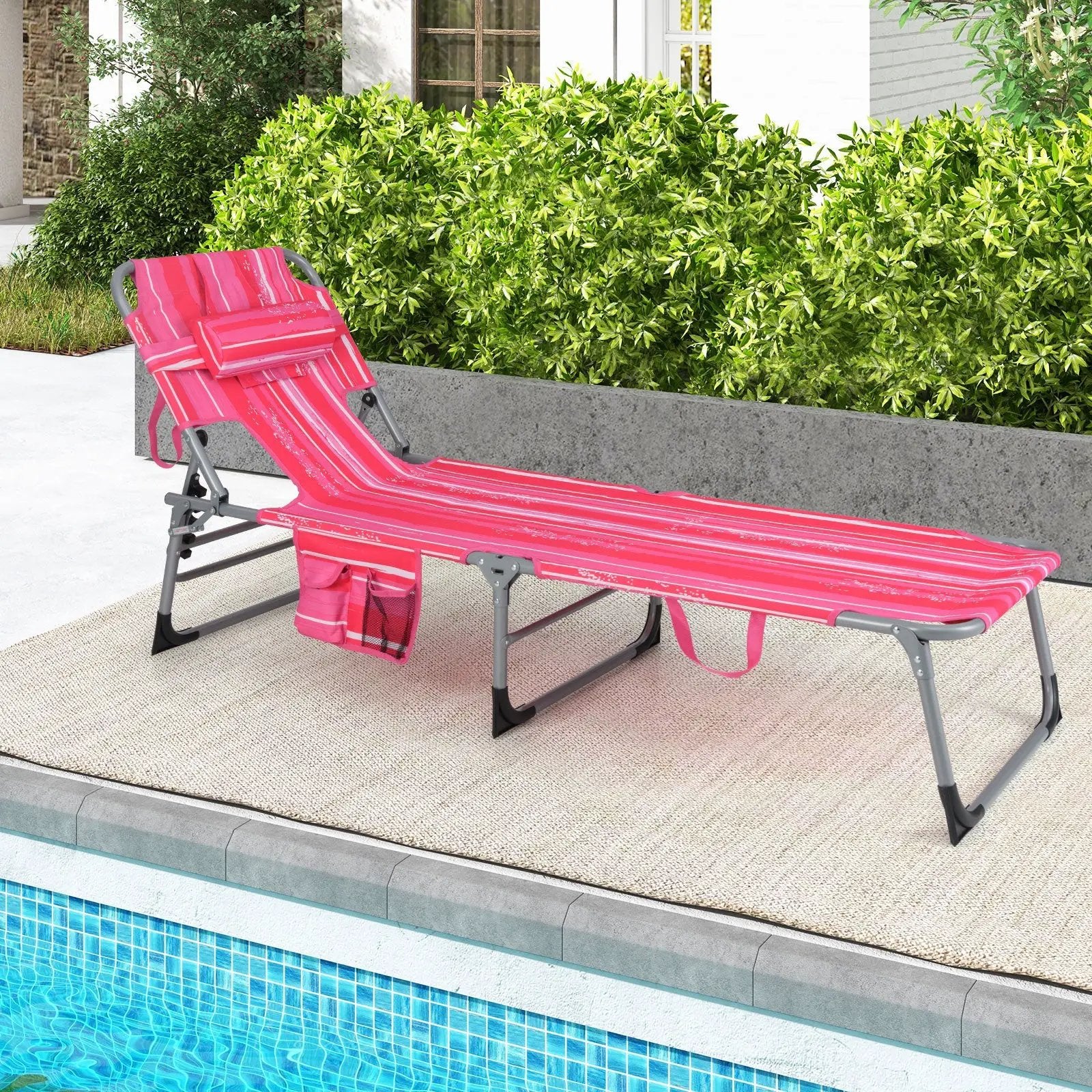 Folding Beach Lounge Chair with Pillow for Outdoor-Pink and White by DirectDeals