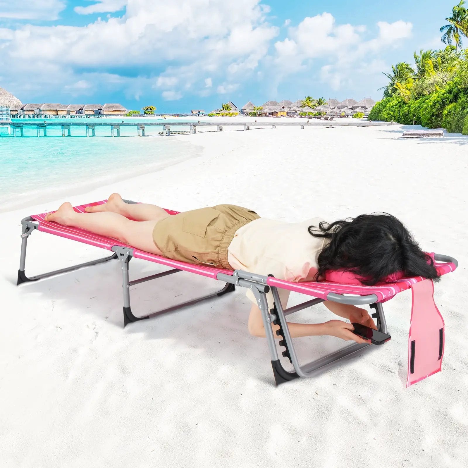 Folding Beach Lounge Chair with Pillow for Outdoor-Pink and White by DirectDeals