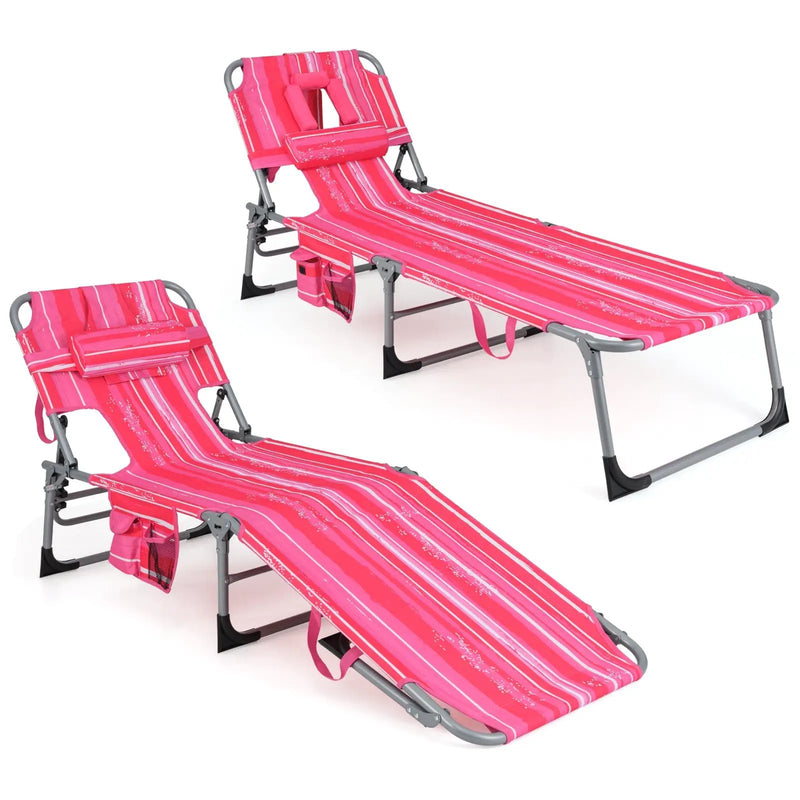 Folding Beach Lounge Chair with Pillow for Outdoor-Pink and White by DirectDeals