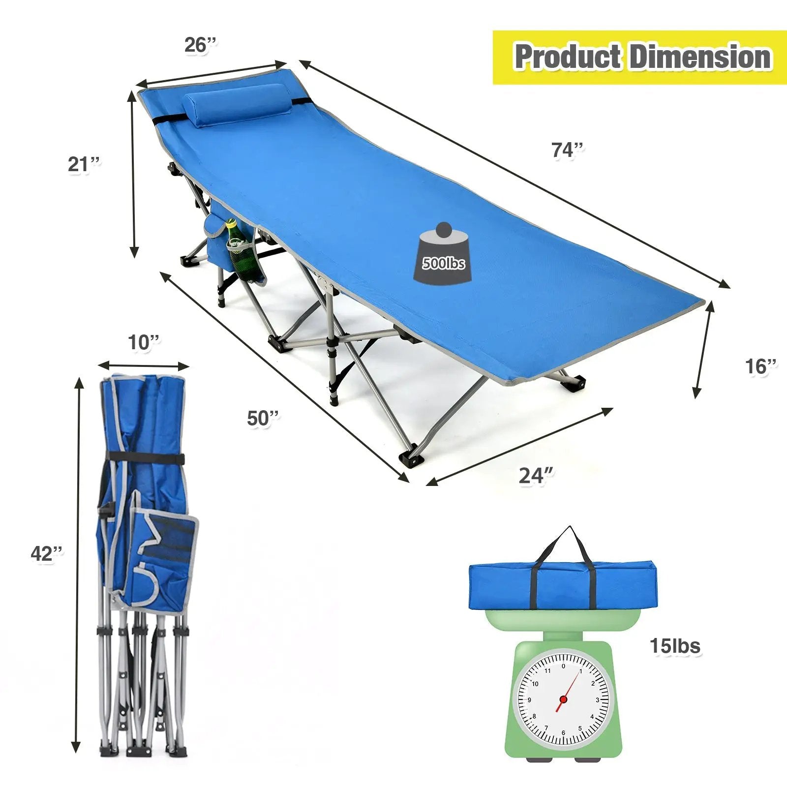 Folding Camping Cot with Side Storage Pocket Detachable Headrest by DirectDeals