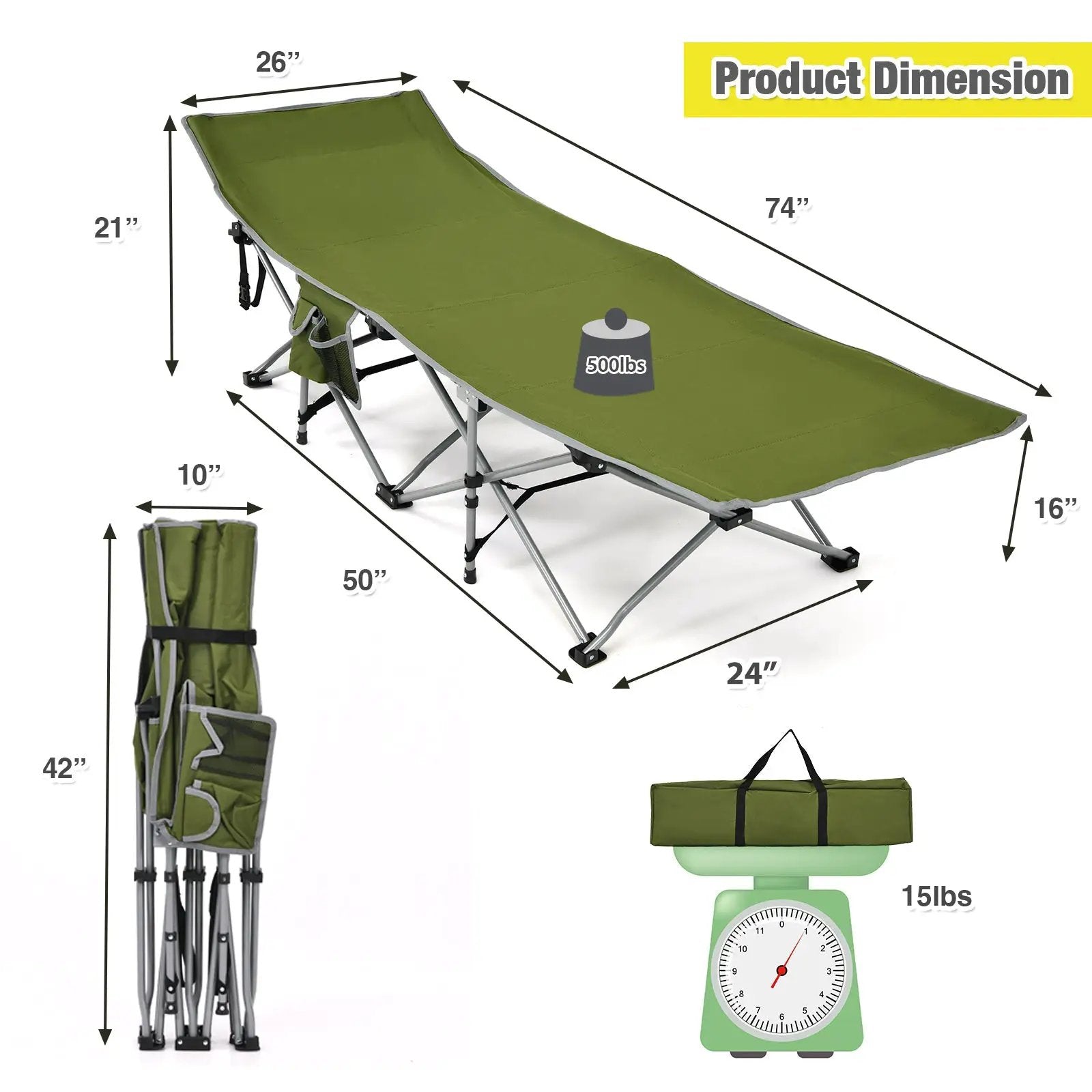 Folding Camping Cot with Side Storage Pocket Detachable Headrest by DirectDeals