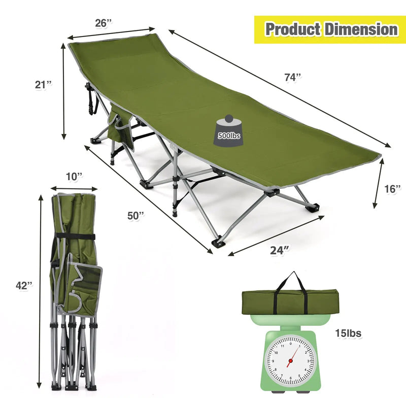 Folding Camping Cot with Side Storage Pocket Detachable Headrest by DirectDeals
