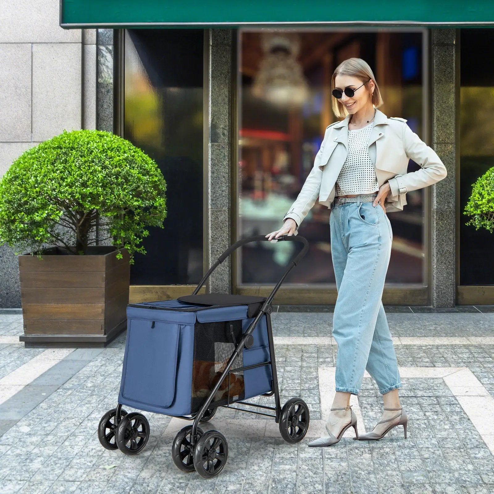 Folding Pet Stroller for Small and Medium Pets with Breathable Mesh andx One-Button Foldable by DirectDeals