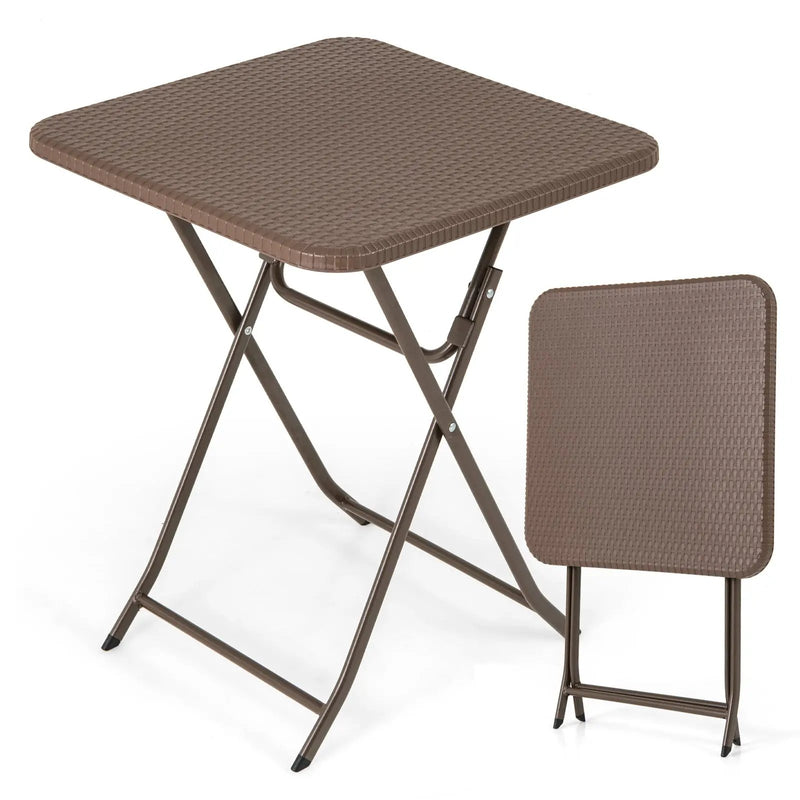 Folding Picnic Table with Rattan Grain HDPE Tabletop and Sturdy Metal Fame-Coffee by DirectDeals