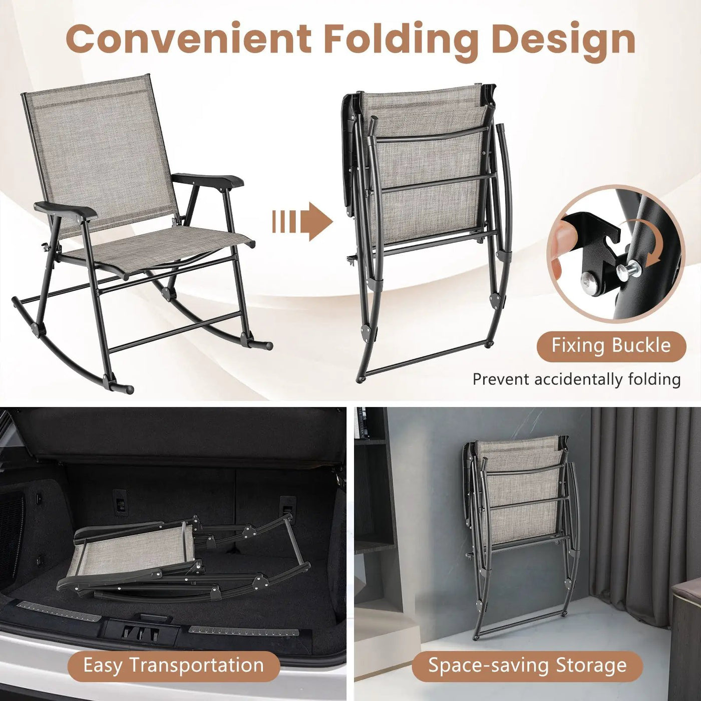 Folding Rocking Chair with Breathable Seat Fabric Set of 2 by DirectDeals