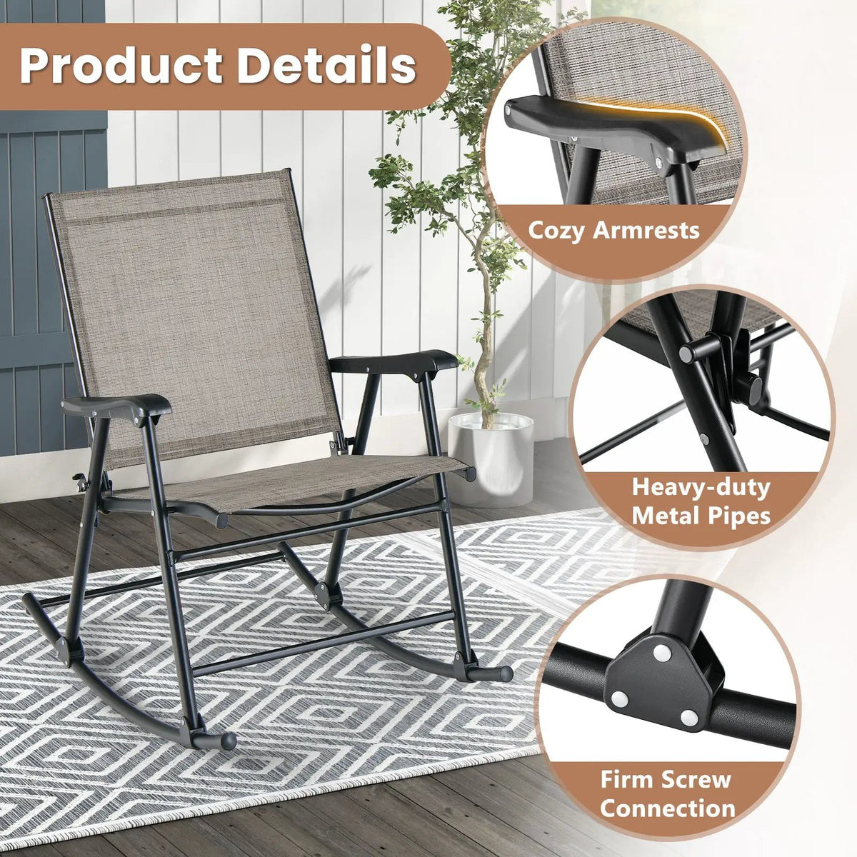 Folding Rocking Chair with Breathable Seat Fabric Set of 2 by DirectDeals