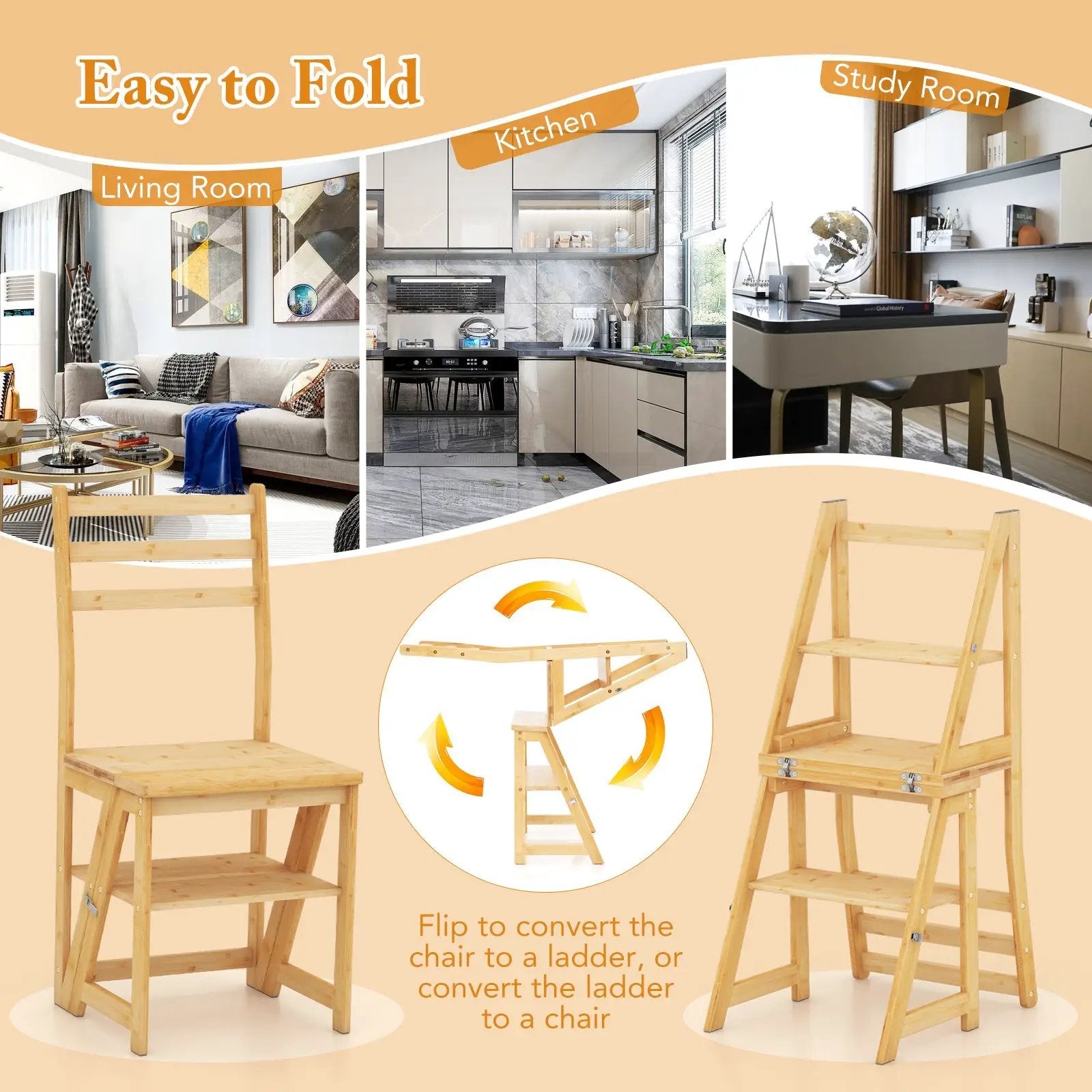 Multifunctional 3-in-1 Ladder Chair Display Plant Stand for Library Kitchen Office by DirectDeals
