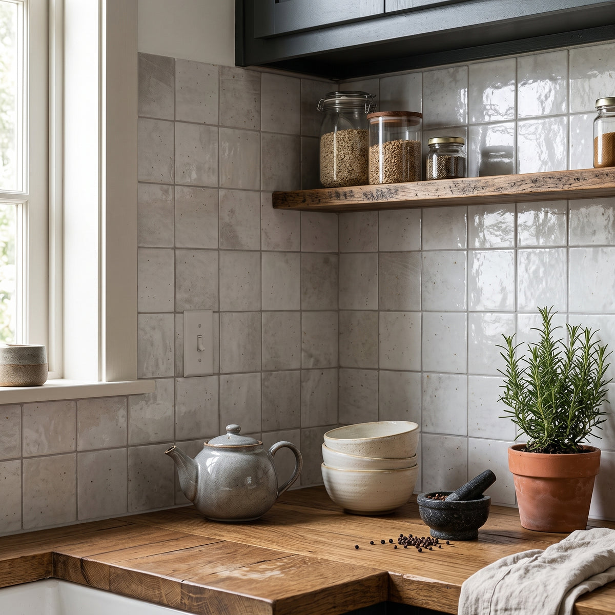 A rustic kitchen corner with light gray textured wall tiles, a wooden countertop, open shelving with glass jars, a gray ceramic teapot, stacked cream bowls, a black mortar and pestle, and a potted green herb plant.