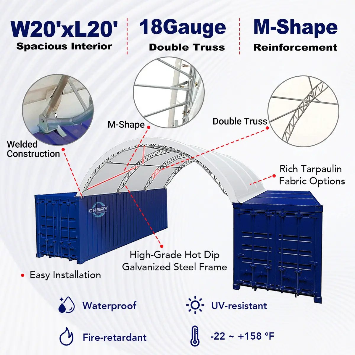 Reinforced 20'x20' Double Truss Container Shelter by Chery Industrial