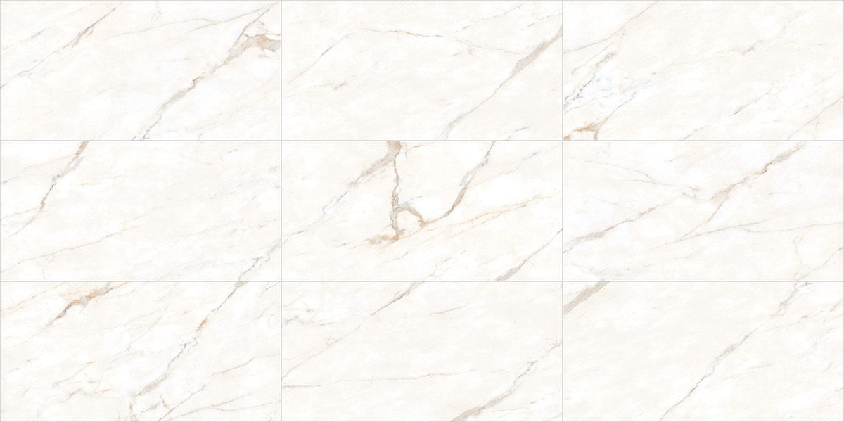 Forty8 Calacatta Oro Honed Marble Look Porcelain Tiles 24x48, several pieces laid together, view 2