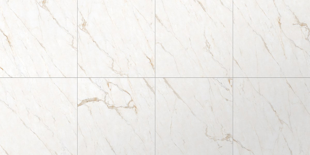 Forty8 Calacatta Oro Honed Marble Look Porcelain Tiles 24x48, several pieces laid together