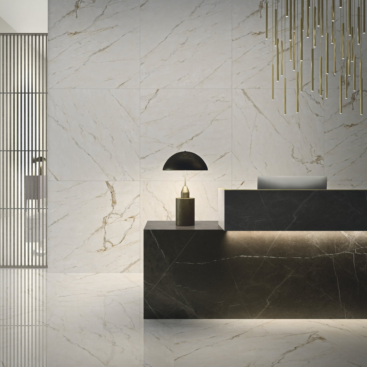 Forty8 Calacatta Oro Honed Marble Look Porcelain Tiles 24x48 installed in a lobby