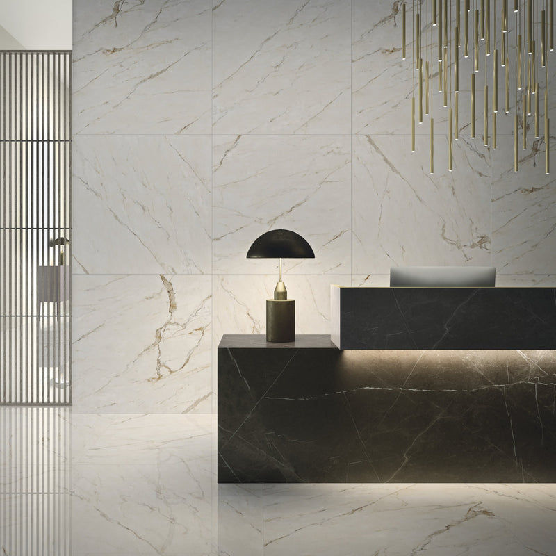 Forty8 Calacatta Oro Honed Marble Look Porcelain Tiles 48x48 installed in a lobby