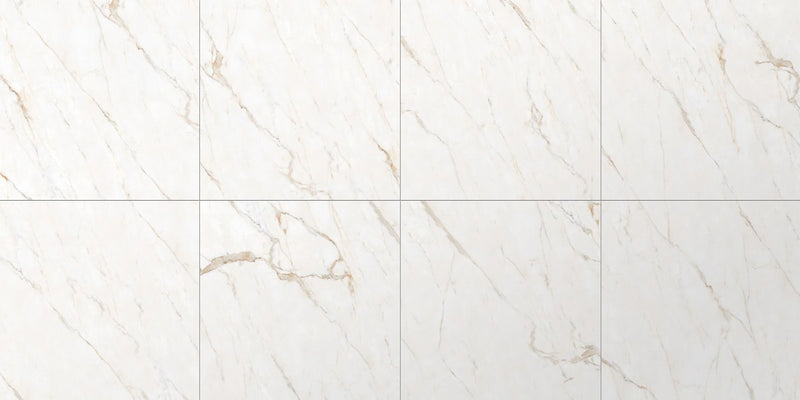 Forty8 Calacatta Oro Polished Marble Look Porcelain Tiles 24x48, several pieces laid together